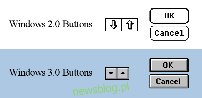 Porównanie przycisków w systemach Windows 2.0 i Windows 3.0
