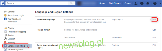 Język i region Facebooka