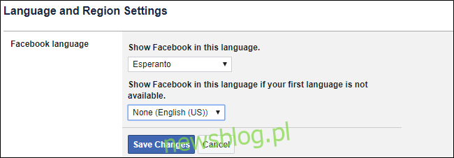 Facebook Zmień język
