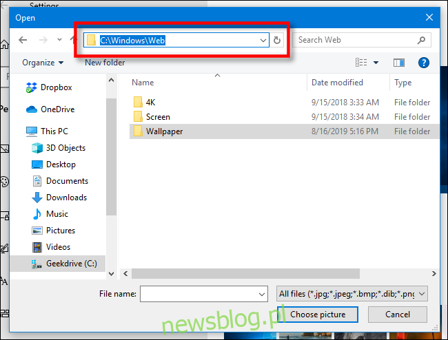Przeglądanie domyślnego katalogu tapet systemu Windows 10