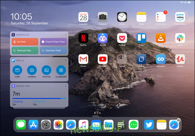 Widżety na ekranie głównym iPada Pro w widoku poziomym.