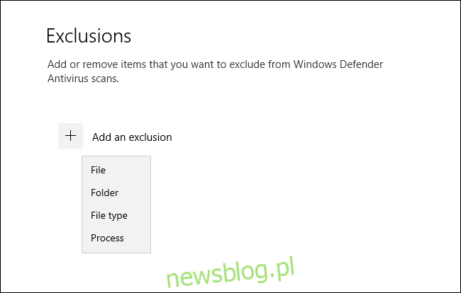 Menu typów wykluczeń w Zabezpieczeniach systemu Windows dla systemu Windows 10