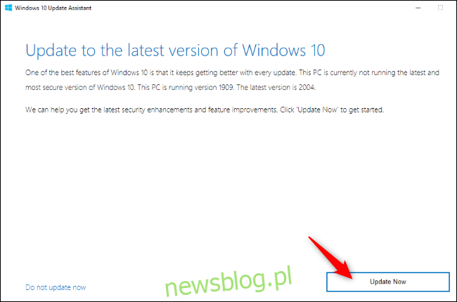 Asystent aktualizacji systemu Windows 10 oferujący aktualizację
