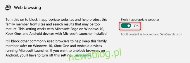 Przełączanie blokowania przeglądania sieci w rodzinie Microsoft Family Group