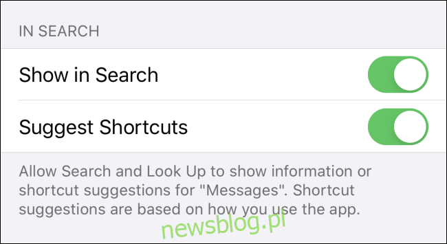 Ustawienia wyszukiwania wiadomości Spotlight na iPhonie