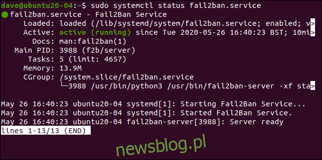 sudo systemctl status fail2ban.service w oknie terminala.
