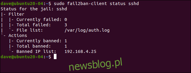 sudo fail2ban-client status sshd w oknie terminala.