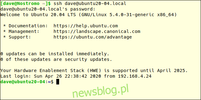 ssh dave@ubuntu20-04.local w oknie terminala.