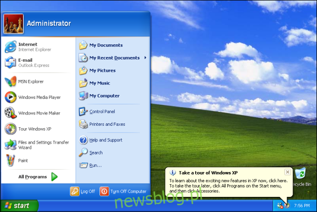 Menu Start na pulpicie Windows XP z zielonym polem i niebem. 
