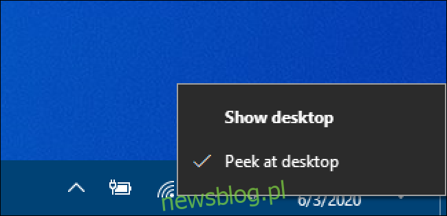 Windows 10 Pokaż przycisk pulpitu prawym przyciskiem myszy - sprawdź obok Peek at Desktop