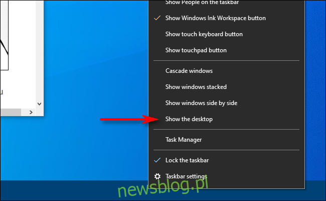 Kliknij prawym przyciskiem myszy pasek zadań w systemie Windows 10 i wybierz Pokaż pulpit