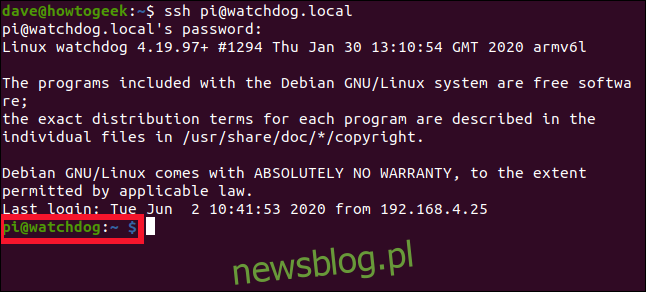 Połączenie SSH z Raspberry Pi w oknie terminala.