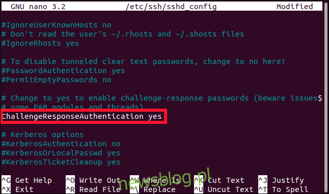 Plik sshd_config otwarty w edytorze nano z podświetloną linią ChallengeResponseAuthentication w oknie terminala.