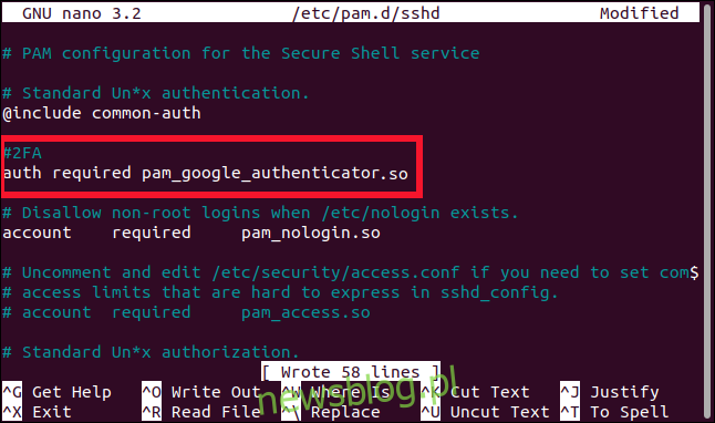 wymagane uwierzytelnianie pam_google_authenticator.so dodane do pliku sshd w edytorze, w oknie terminala.