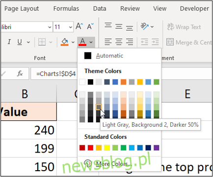 Formatowanie przy użyciu jasnoszarego koloru czcionki