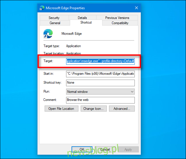 Znajdź ścieżkę docelową dla Microsoft Edge w systemie Windows 10