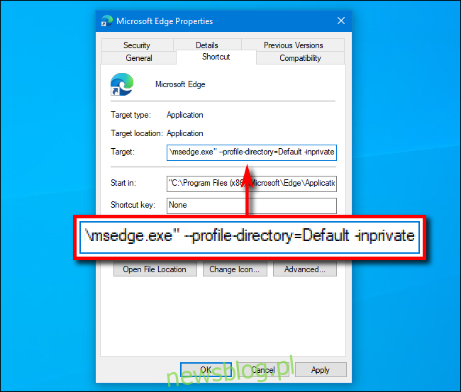 Dodaj InPrivate do ścieżki w skrócie do Microsoft Edge w systemie Windows 10