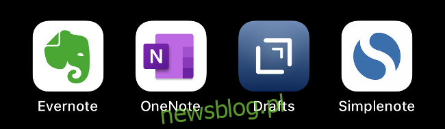 Ikony Evernote, OneNote, Drafts i Simplenote.