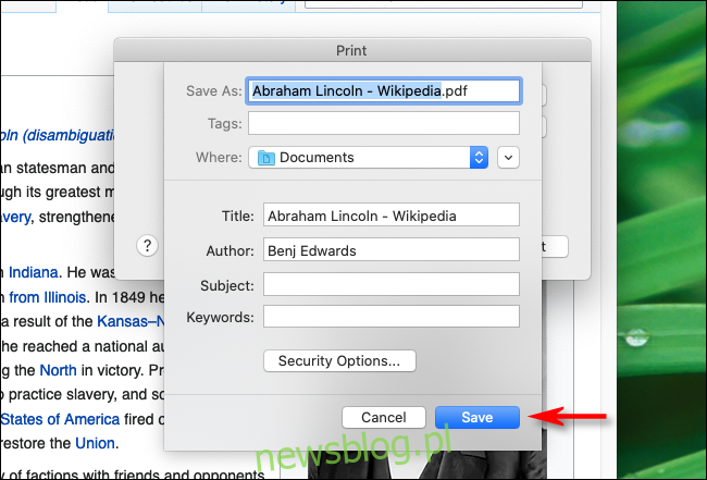 Wpisz nazwę pliku i kliknij Zapisz w Firefoksie na Macu