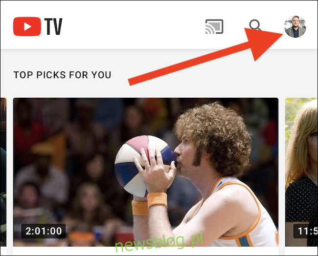 Kliknij swój awatar YouTube TV w prawym górnym rogu aplikacji