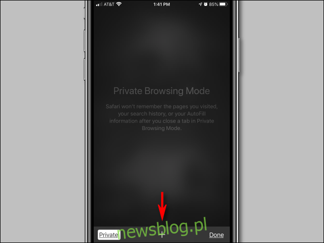 Stuknij plus w trybie przeglądania prywatnego w Safari na iPhone'a
