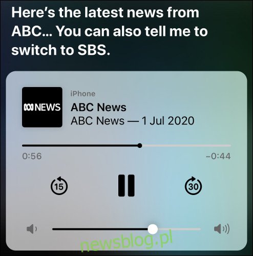 Siri odtwarza audycję audio ABC News na iOS.