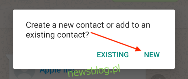 Stuknij przycisk Nowy, aby uzyskać kontakt w systemie Android