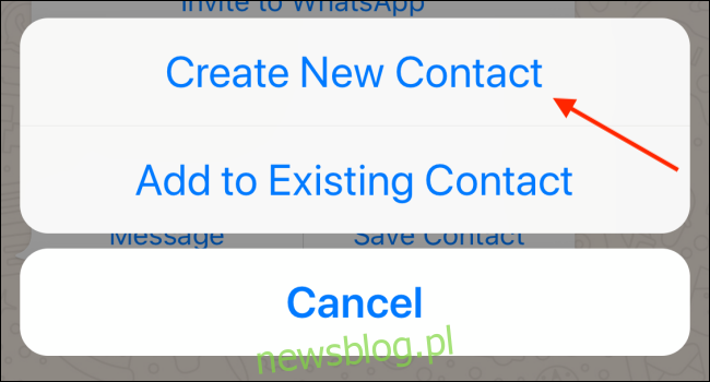 Stuknij opcję Utwórz nowy kontakt w WhatsApp na iPhonie