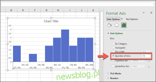 Histogram programu Excel z grupowaniem pojemników pogrupowanych według liczby pojemników