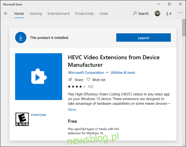 Darmowe rozszerzenia wideo HEVC w Microsoft Store.