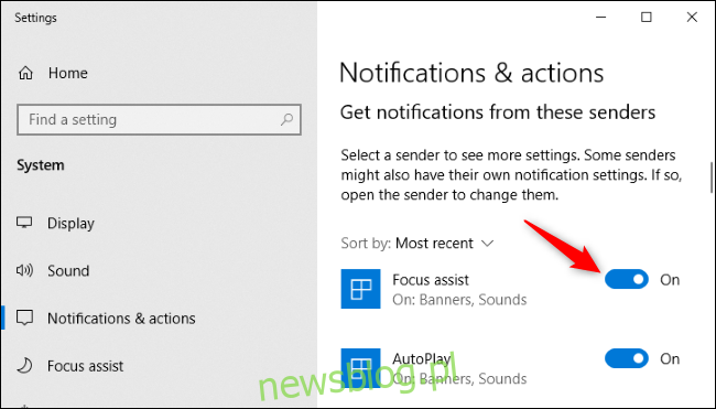 Wyłączanie powiadomień dla aplikacji w ustawieniach systemu Windows 10.
