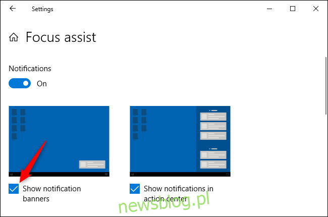Wyłączanie banerów powiadomień dla aplikacji w ustawieniach systemu Windows 10.