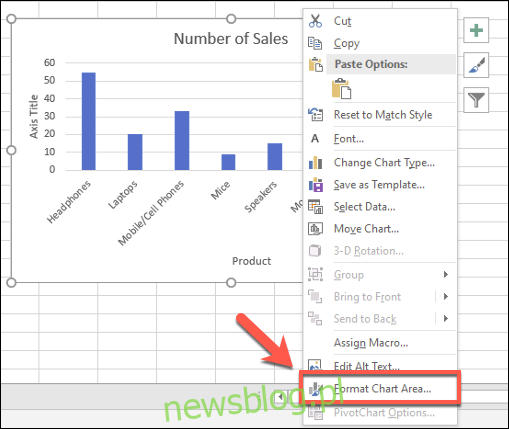 Możesz wprowadzić dalsze zmiany formatowania wykresu słupkowego programu Excel, klikając wykres prawym przyciskiem myszy i klikając ikonę 