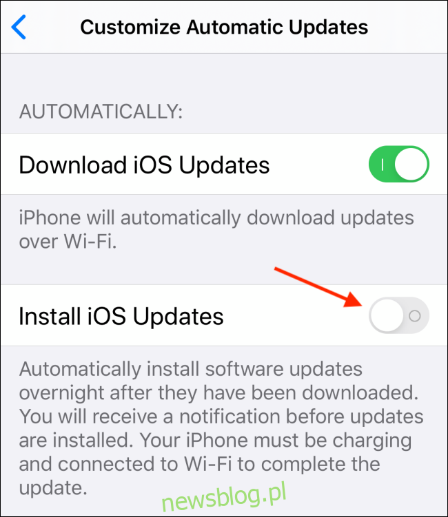 Stuknij przełącznik obok opcji Zainstaluj aktualizacje iOS