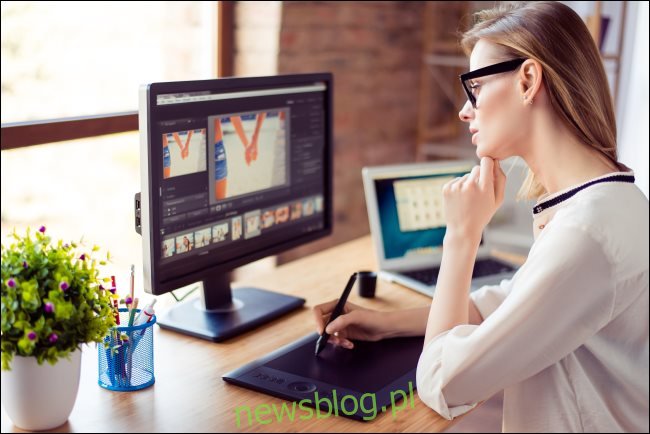 Kobieta patrząc na ekran komputera podczas rysowania na cyfrowym tablecie.