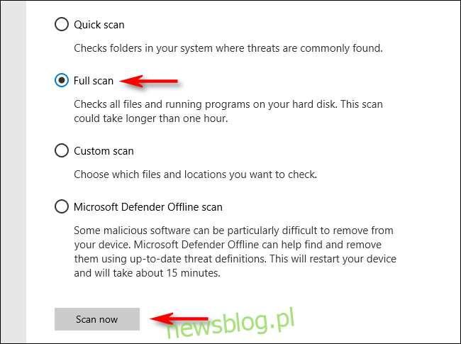 Kliknij opcję Pełne skanowanie w programie Microsoft Defender w systemie Windows 10