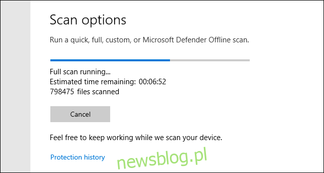 Trwa pełne skanowanie programu Microsoft Defender w systemie Windows 10