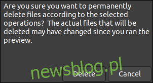 Okno dialogowe potwierdzenia usunięcia pliku w BleachBit.