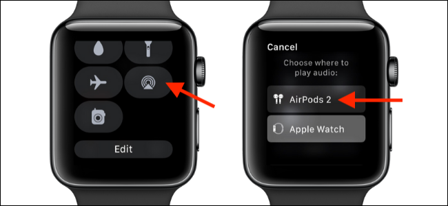 Wybierz opcję AirPlay w Apple Watch, aby przełączyć się na AirPods
