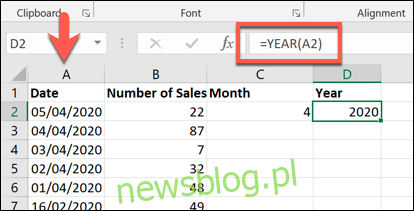 Funkcje MIESIĄC i ROK, pokazane w arkuszu programu Microsoft Excel