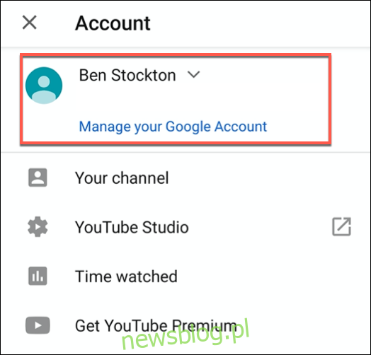Przełączanie kont YouTube w menu Konto