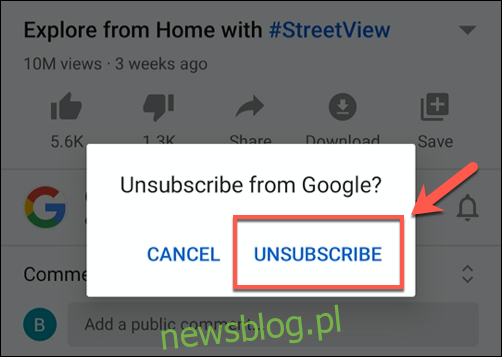 Stuknij anuluj subskrypcję, aby anulować subskrypcję kanału YouTube