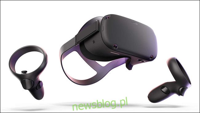 Zestaw słuchawkowy Oculus Quest i kontrolery na nadgarstek.