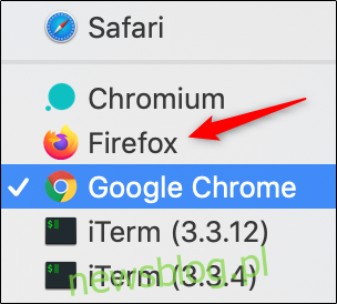 Opcja Firefox na domyślnej liście przeglądarek