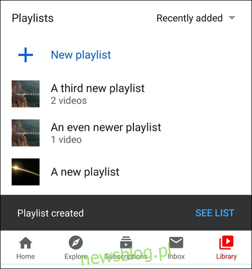 Lista utworzonych playlist YouTube na karcie Biblioteka w aplikacji YouTube