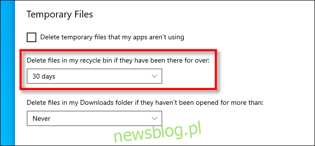 Ustaw interwał usuwania plików Kosza w Ustawieniach systemu Windows 10