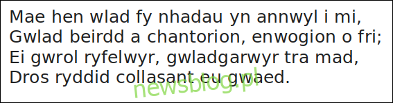 obraz zawierający tekst pierwszej zwrotki walijskiego hymnu narodowego.
