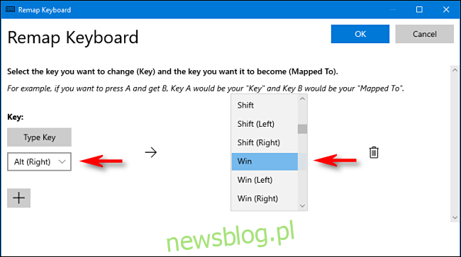 W PowerToys wybierz klawisz i przypisz go do klawisza Windows w Menedżerze klawiatury w systemie Windows 10