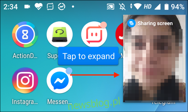Stuknij, aby rozwinąć menu Obraz w obrazie dla Facebook Messenger na Androidzie