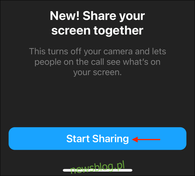 Stuknij opcję Rozpocznij udostępnianie w Messengerze na iPhone'a